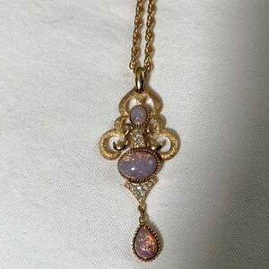 Genuine Trifari 36 Inch Statement Necklace in Goldtone with faux Opal and CZ